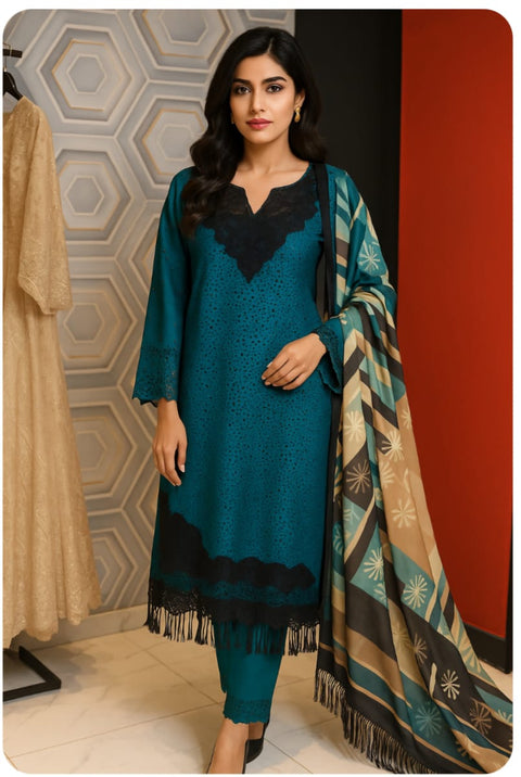 Shahi Malbusat Teal Blue Embroidered 3-Piece Ladies Suit with Printed Dupatta
