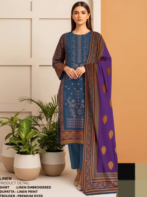 3-piece embroided premium linen unstitch