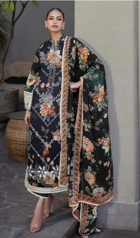 3-piece embroided premium linen printed duppta dyed trouser unstitch