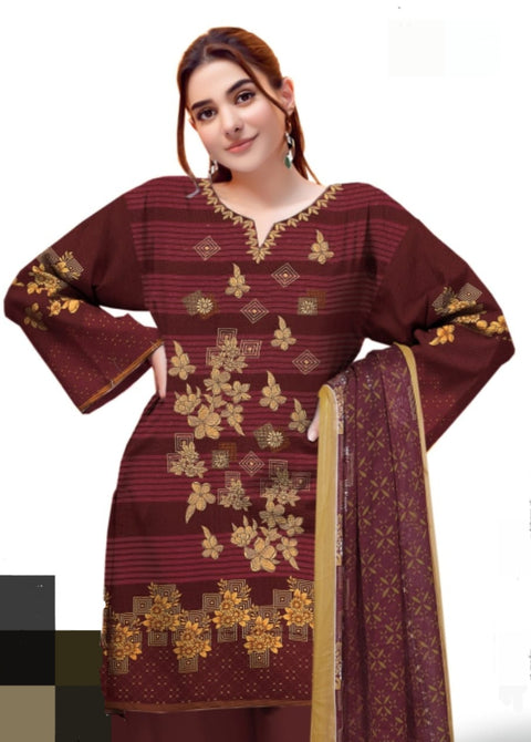 3pices embroided linen print duppta unstitch