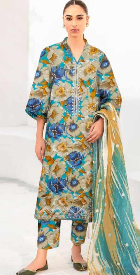 3 piece embroided premium linen print unstitch