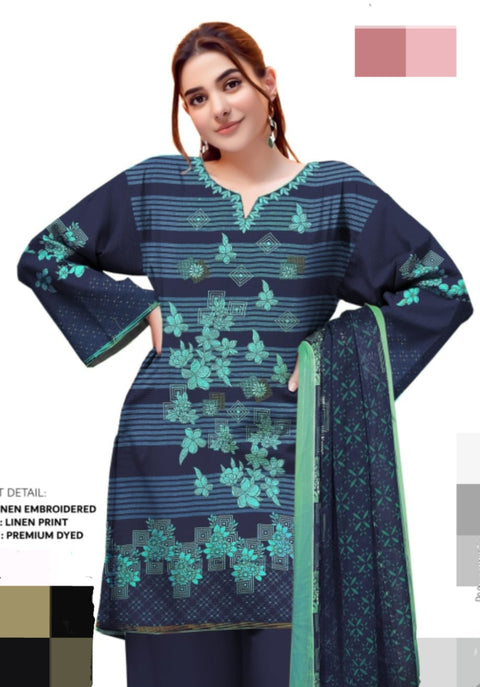 3pices unstitch embroided premium linen embroided shirt print duppta